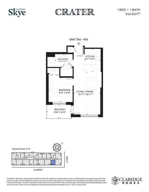 Floor plan for 1 bed, 1 bath, 546 sqft